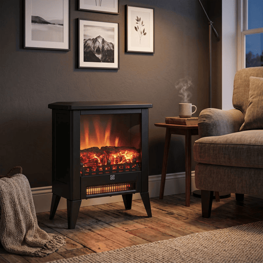 HOMCOM Lareira Elétrica 1800 W, Lareira Decorativa Independente com Efeito de Chama LED, Baixo Ruído, Proteção contra Sobreaquecimento, para 30 m², Preto