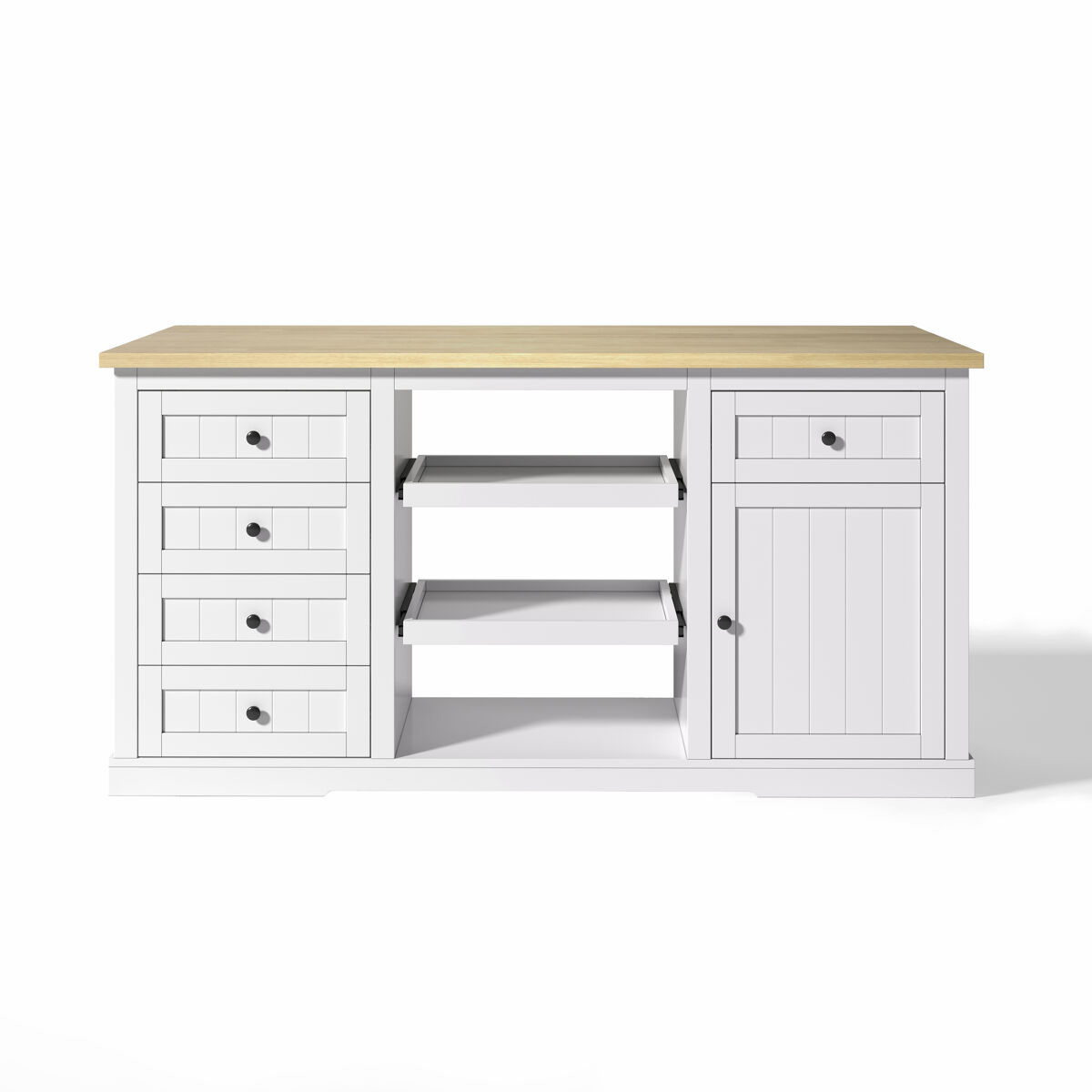 Aparador 150×65×75 cm - 5 cajones, 2 estantes, extensión y enchufes - natural y blanco