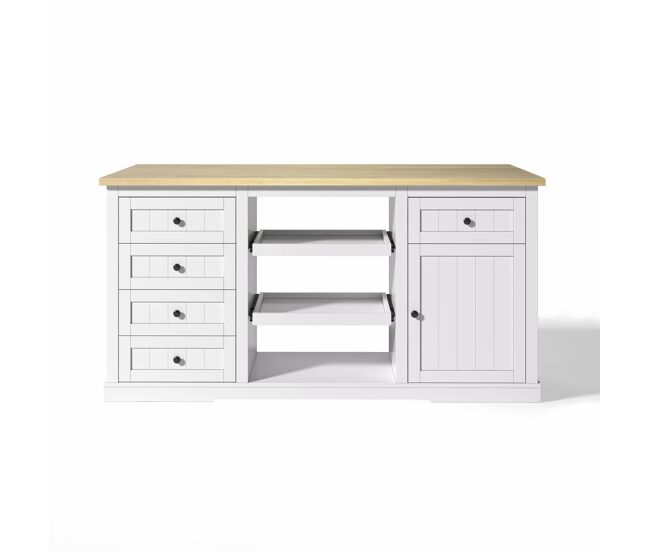 Aparador 150×65×75 cm - 5 cajones, 2 estantes, extensión y enchufes - natural y blanco