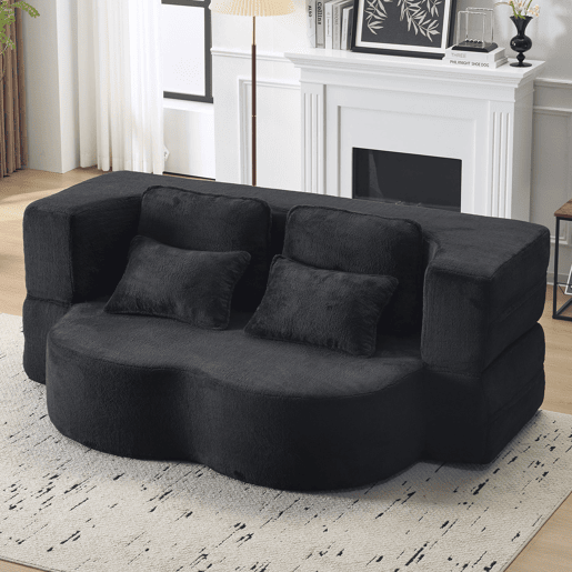 Sofá-cama de 2 lugares - moderno, com 4 almofadas, colchão dobrável de espuma de alta densidade - preto Sofá-cama de 2 lugares - moderno, com 4 almofadas, colchão dobrável de espuma de alta densidade - preto