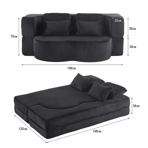 Sofá-cama de 2 lugares - moderno, com 4 almofadas, colchão dobrável de espuma de alta densidade - preto Sofá-cama de 2 lugares - moderno, com 4 almofadas, colchão dobrável de espuma de alta densidade - preto