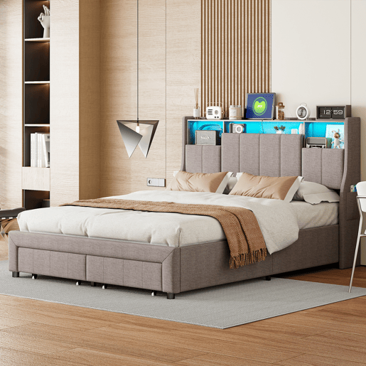 Cama de casal de 160x200 cm, cama com espaço de arrumação, luzes LED, cama com gavetas Cama de casal de 160x200 cm, cama com espaço de arrumação, luzes LED, cama com gavetas
