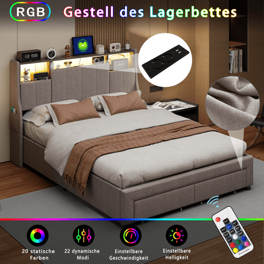 Cama de casal de 160x200 cm, cama com espaço de arrumação, luzes LED, cama com gavetas Cama de casal de 160x200 cm, cama com espaço de arrumação, luzes LED, cama com gavetas