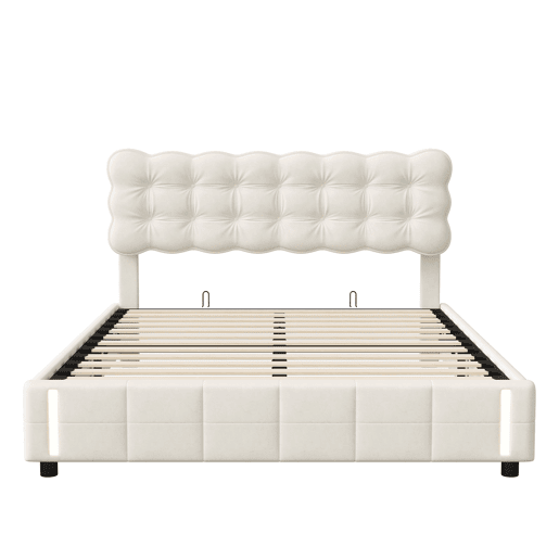 Cama de casal (140x200 cm), cor Beige, veludo, iluminação LED, estrado de ripas e espaço de arrumação Cama de casal (140x200 cm), cor Beige, veludo, iluminação LED, estrado de ripas e espaço de arrumação