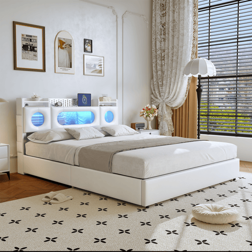 Cama de casal (140 × 200 cm), branca conta com iluminação LED, portas USB e tipo C, e espaço de arrumação por baixo da cama