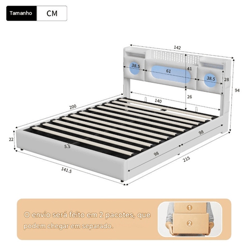 Cama de casal (140 × 200 cm), branca conta com iluminação LED, portas USB e tipo C, e espaço de arrumação por baixo da cama