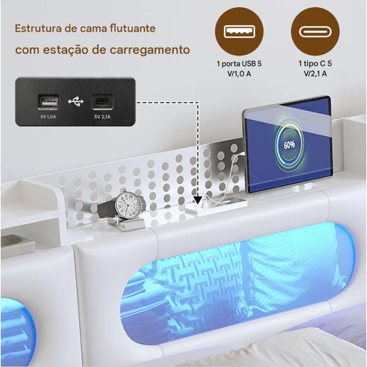 Cama de casal (140 × 200 cm), branca conta com iluminação LED, portas USB e tipo C, e espaço de arrumação por baixo da cama