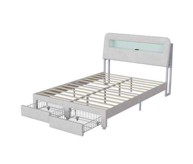 Cama de 160 x 200 cm con cajón, cama con almacenamiento y led (juvenil), cama doble de terciopelo, beige.