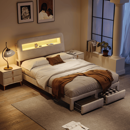 Cama de 160 x 200 cm com gaveta, cama com arrumação e LED (juvenil), cama de casal em veludo, Beige. Cama de 160 x 200 cm com gaveta, cama com arrumação e LED (juvenil), cama de casal em veludo, Beige.