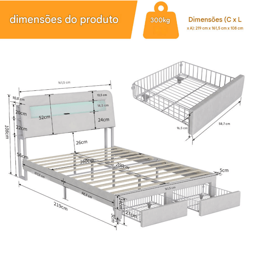 Cama de 160 x 200 cm com gaveta, cama com arrumação e LED (juvenil), cama de casal em veludo, Beige. Cama de 160 x 200 cm com gaveta, cama com arrumação e LED (juvenil), cama de casal em veludo, Beige.