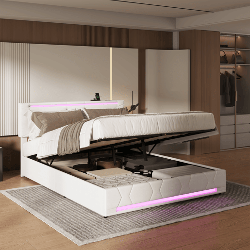 Cama de casal, 140x200 cm (USB e Tipo-C), espaço de arrumação com luzes LED, cama com arrumação elevatória hidráulica, tecido de linho, Beige Cama de casal, 140x200 cm (USB e Tipo-C), espaço de arrumação com luzes LED, cama com arrumação elevatória hidráulica, tecido de linho, Beige