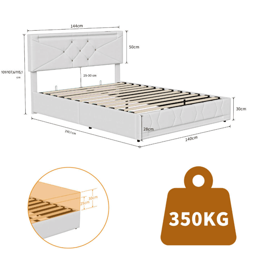 Cama de casal, 140x200 cm (USB e Tipo-C), espaço de arrumação com luzes LED, cama com arrumação elevatória hidráulica, tecido de linho, Beige Cama de casal, 140x200 cm (USB e Tipo-C), espaço de arrumação com luzes LED, cama com arrumação elevatória hidráulica, tecido de linho, Beige