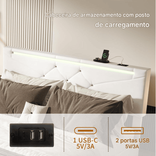Cama de casal, 140x200 cm (USB e Tipo-C), espaço de arrumação com luzes LED, cama com arrumação elevatória hidráulica, tecido de linho, Beige Cama de casal, 140x200 cm (USB e Tipo-C), espaço de arrumação com luzes LED, cama com arrumação elevatória hidráulica, tecido de linho, Beige