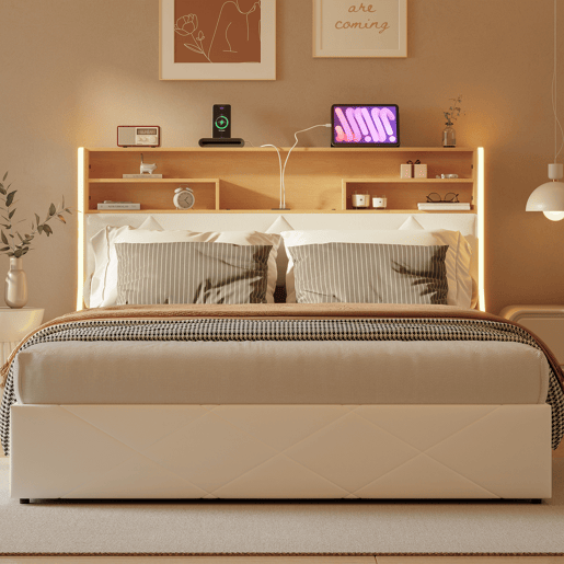 Cama de casal (140×200 cm), USB, LED, cama com baú hidráulico, branca, pele sintética