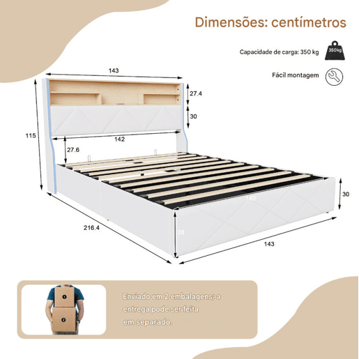 Cama de casal (140×200 cm), USB, LED, cama com baú hidráulico, branca, pele sintética