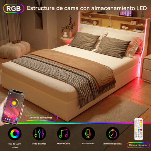 Cama de casal (140×200 cm), USB, LED, cama com baú hidráulico, branca, pele sintética
