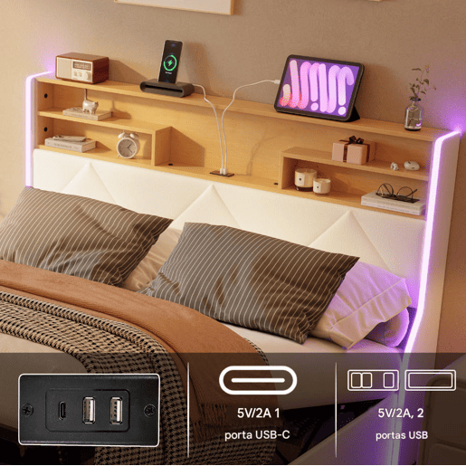 Cama de casal (140×200 cm), USB, LED, cama com baú hidráulico, branca, pele sintética