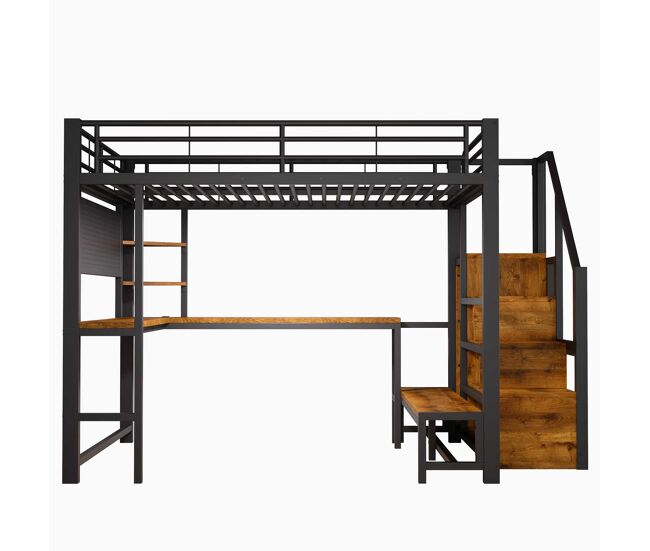 Cama alta 140 x 200 cm – escritorio, usb-c, led, estantes y armario – negro