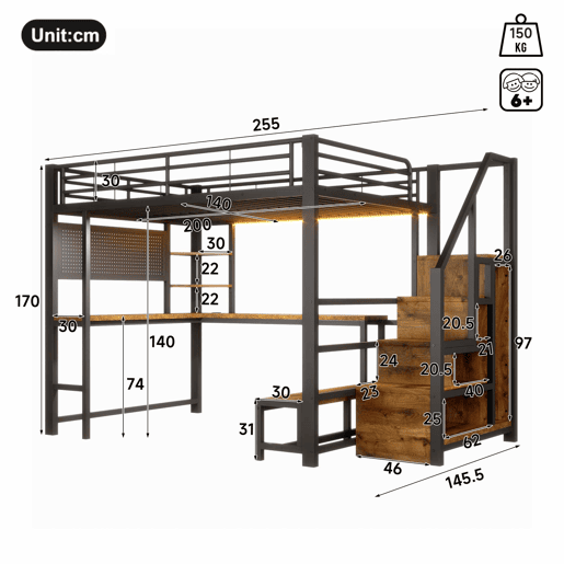 Cama alta 140 x 200 cm u2013 secretária, USB-C, LED, prateleiras e roupeiro u2013 preta Cama alta 140 x 200 cm u2013 secretária, USB-C, LED, prateleiras e roupeiro u2013 preta
