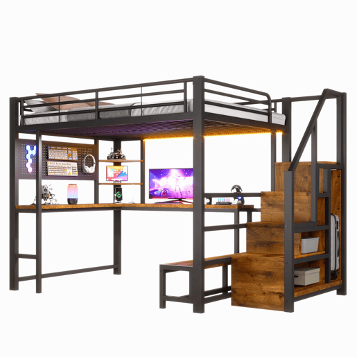 Cama alta 140 x 200 cm u2013 secretária, USB-C, LED, prateleiras e roupeiro u2013 preta Cama alta 140 x 200 cm u2013 secretária, USB-C, LED, prateleiras e roupeiro u2013 preta
