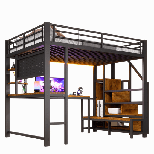 Cama alta 140 x 200 cm u2013 secretária, USB-C, LED, prateleiras e roupeiro u2013 preta Cama alta 140 x 200 cm u2013 secretária, USB-C, LED, prateleiras e roupeiro u2013 preta