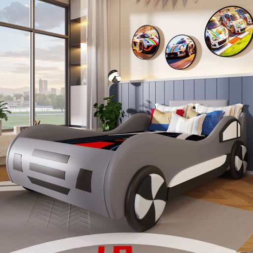 Cama infantil em forma de carro, 90 x 200 cm u2013 base e baú hidráulico, sem colchão u2013 cinzenta Cama infantil em forma de carro, 90 x 200 cm u2013 base e baú hidráulico, sem colchão u2013 cinzenta
