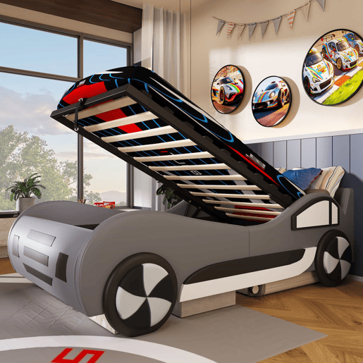 Cama infantil em forma de carro, 90 x 200 cm u2013 base e baú hidráulico, sem colchão u2013 cinzenta Cama infantil em forma de carro, 90 x 200 cm u2013 base e baú hidráulico, sem colchão u2013 cinzenta