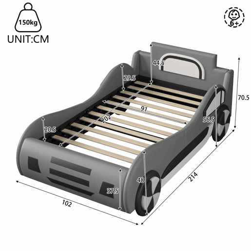 Cama infantil em forma de carro, 90 x 200 cm u2013 base e baú hidráulico, sem colchão u2013 cinzenta Cama infantil em forma de carro, 90 x 200 cm u2013 base e baú hidráulico, sem colchão u2013 cinzenta
