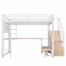 Cama alta 140 x 200 cm u2013 mesa, USB-C, painel perfurado, prateleiras, roupeiro em forma de escada e LED u2013 branco