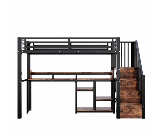 Cama alta 90 x 200 cm – armario escalera, estante, usb, type-c y led, sin colchón – negro