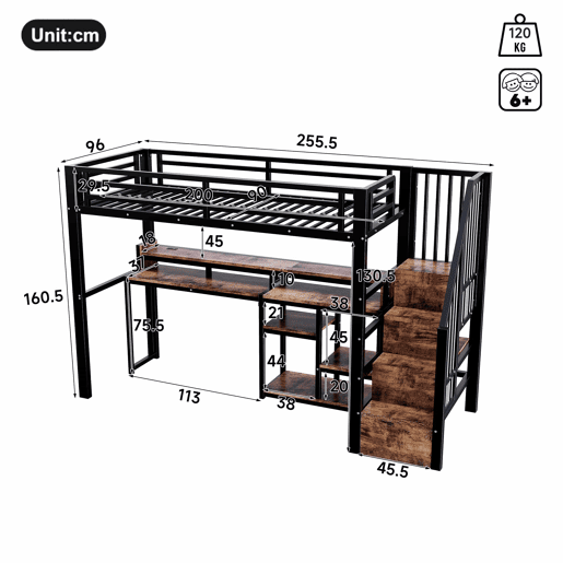Cama alta 90 x 200 cm u2013 armário com escada, prateleira, USB, Type-C e LED, sem colchão u2013 Preto Cama alta 90 x 200 cm u2013 armário com escada, prateleira, USB, Type-C e LED, sem colchão u2013 Preto
