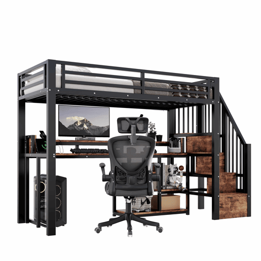 Cama alta 90 x 200 cm u2013 armário com escada, prateleira, USB, Type-C e LED, sem colchão u2013 Preto Cama alta 90 x 200 cm u2013 armário com escada, prateleira, USB, Type-C e LED, sem colchão u2013 Preto