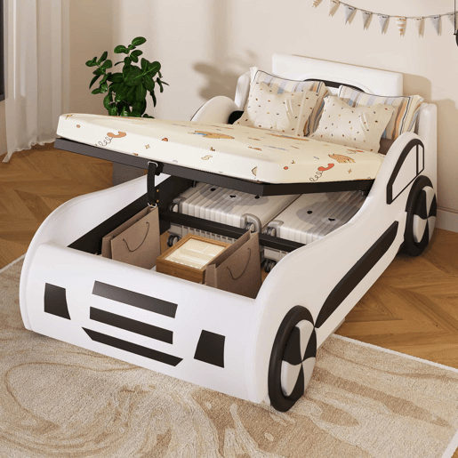 Cama infantil em forma de carro 90 x 200 cm - base e baú hidráulico, sem colchão - branco Cama infantil em forma de carro 90 x 200 cm - base e baú hidráulico, sem colchão - branco