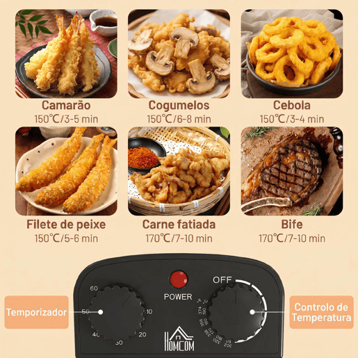 HOMCOM Fritadeira 5 L 2000 W com Temperatura Ajustável até 190 °C, Cuba Removível, Janela de Visualização e Temporizador 60 min