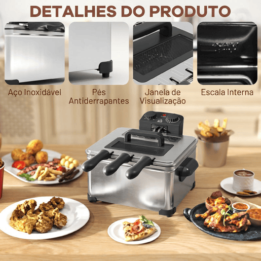 HOMCOM Fritadeira 5 L 2000 W com Temperatura Ajustável até 190 °C, Cuba Removível, Janela de Visualização e Temporizador 60 min