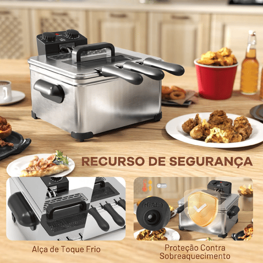 HOMCOM Fritadeira 5 L 2000 W com Temperatura Ajustável até 190 °C, Cuba Removível, Janela de Visualização e Temporizador 60 min
