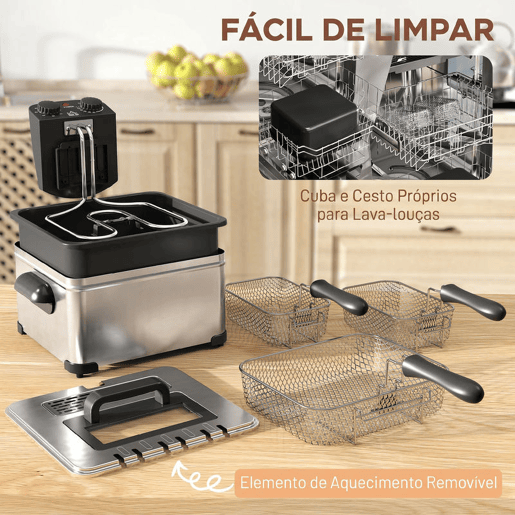 HOMCOM Fritadeira 5 L 2000 W com Temperatura Ajustável até 190 °C, Cuba Removível, Janela de Visualização e Temporizador 60 min