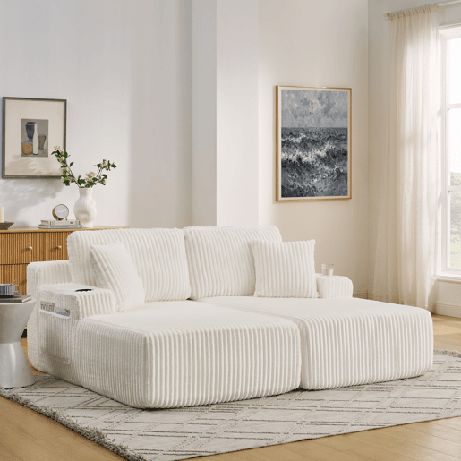 Sofá-cama relax de 2 lugares - tecido de veludo cotelê macio, bolso lateral para revistas, porta-copos e almofadas, ideal para a sala de estar, sala de jogos, escritório e quarto de hóspedes - Bege