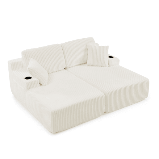 Sofá-cama relax de 2 lugares - tecido de veludo cotelê macio, bolso lateral para revistas, porta-copos e almofadas, ideal para a sala de estar, sala de jogos, escritório e quarto de hóspedes - Bege
