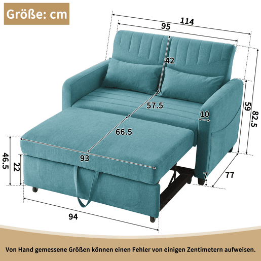 Sofá-cama de 2 lugares u2013 design moderno dobrável, encosto com 3 posições u2013 azul esverdeado antigo