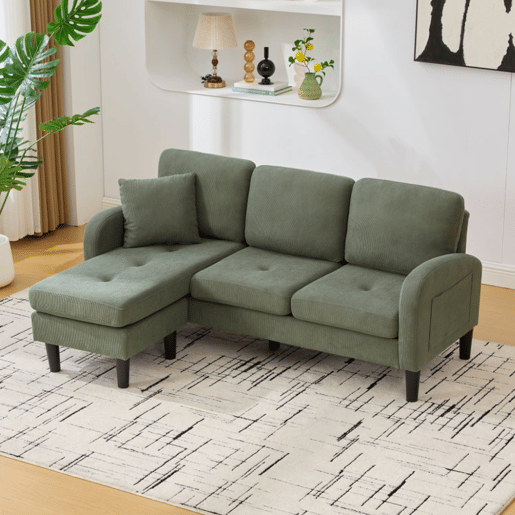 Sofá de canto de 3 lugares 166x118x77 cm - Chaise longue modular, tecido cordão - Verde