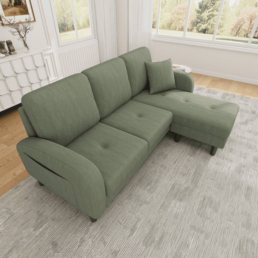Sofá de canto de 3 lugares 166x118x77 cm - Chaise longue modular, tecido cordão - Verde