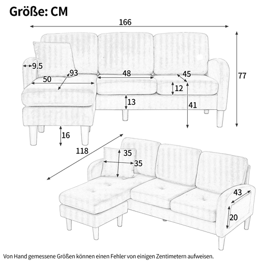Sofá de canto de 3 lugares 166x118x77 cm - Chaise longue modular, tecido cordão - Verde