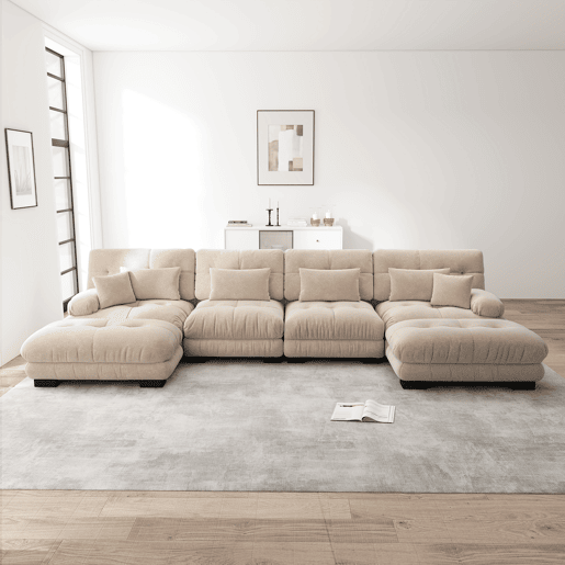 Sofá modular em U - 4 lugares, chaise longue removível, combinação DIY, chenille confortável - Castanho claro