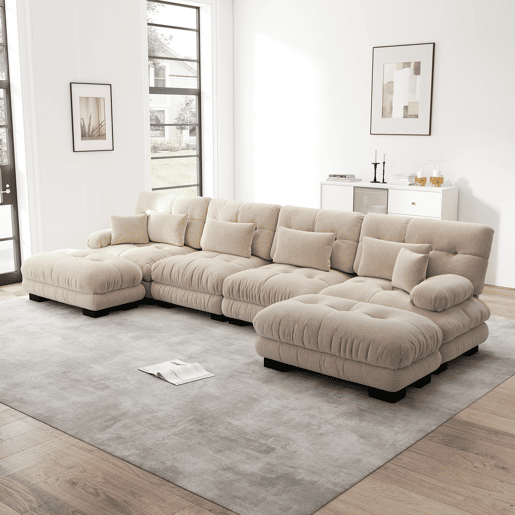 Sofá modular em U - 4 lugares, chaise longue removível, combinação DIY, chenille confortável - Castanho claro