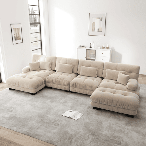 Sofá modular em U - 4 lugares, chaise longue removível, combinação DIY, chenille confortável - Castanho claro