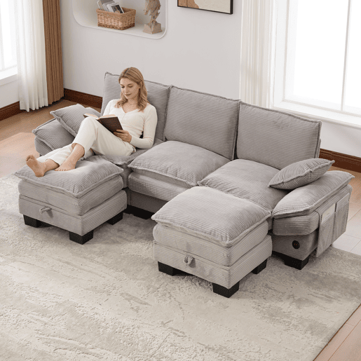 Sofá modular de 3 lugares - assento largo, design ergonómico, espuma de alta densidade, porta USB-C e bolsos laterais - cinzento claro
