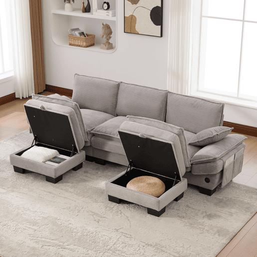 Sofá modular de 3 lugares - assento largo, design ergonómico, espuma de alta densidade, porta USB-C e bolsos laterais - cinzento claro