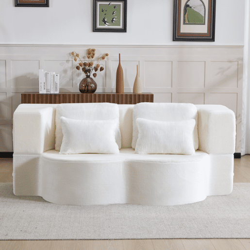 Sofá-cama de 2 lugares - moderno, com 4 almofadas e colchão dobrável de espuma de alta densidade - branco Sofá-cama de 2 lugares - moderno, com 4 almofadas e colchão dobrável de espuma de alta densidade - branco