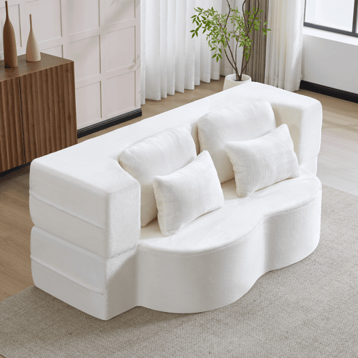 Sofá-cama de 2 lugares - moderno, com 4 almofadas e colchão dobrável de espuma de alta densidade - branco Sofá-cama de 2 lugares - moderno, com 4 almofadas e colchão dobrável de espuma de alta densidade - branco